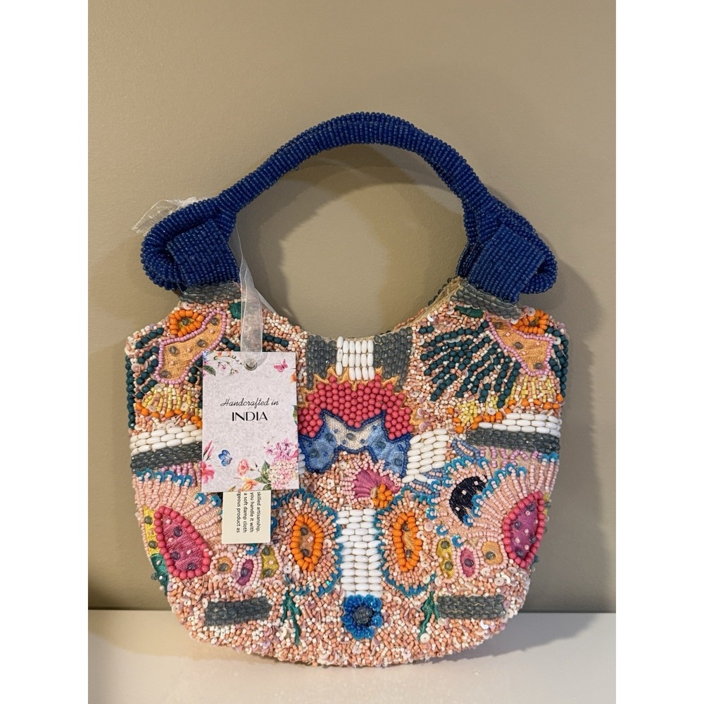 Handcrafted in India Beaded Bag Vibrant Colorful Flower Design bag NWT